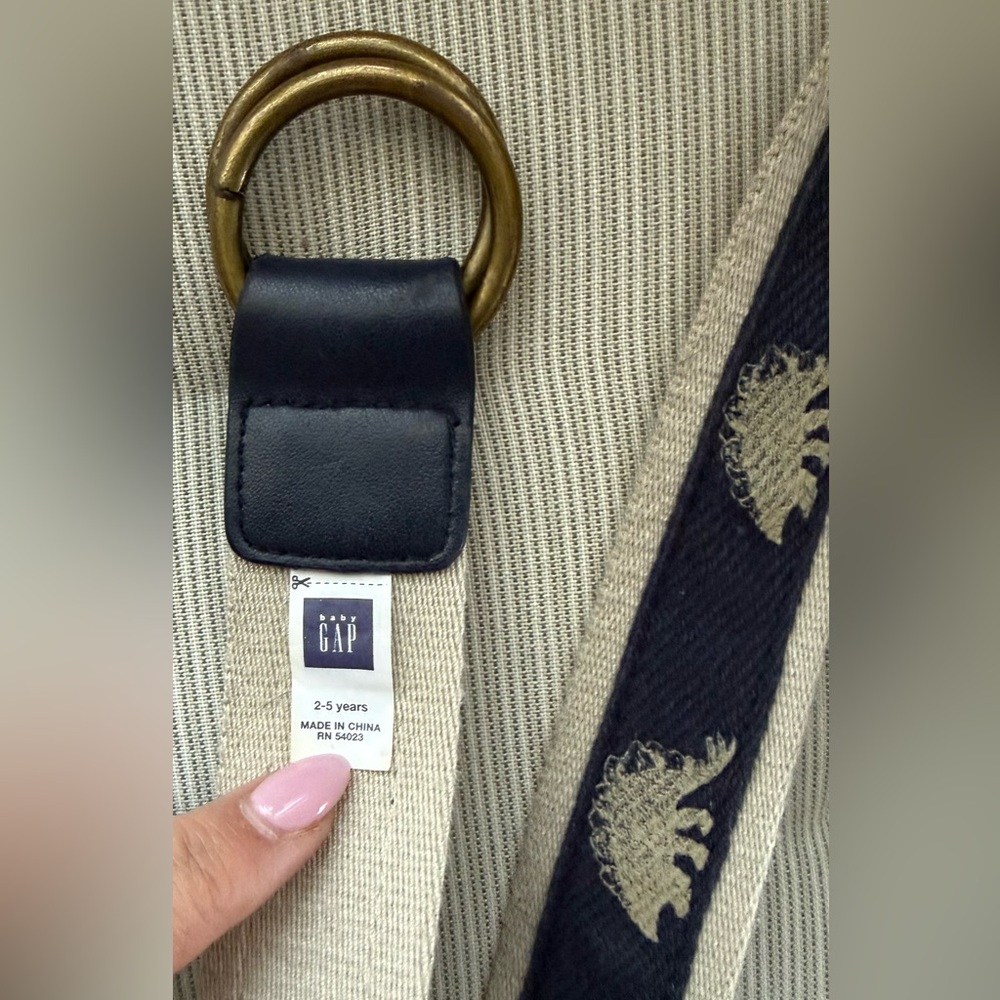 Gap Boys Blue & Cream Dinosaur Belt w/Brass Buckle adjustable sz 2-5 year old - Picture 5 of 7